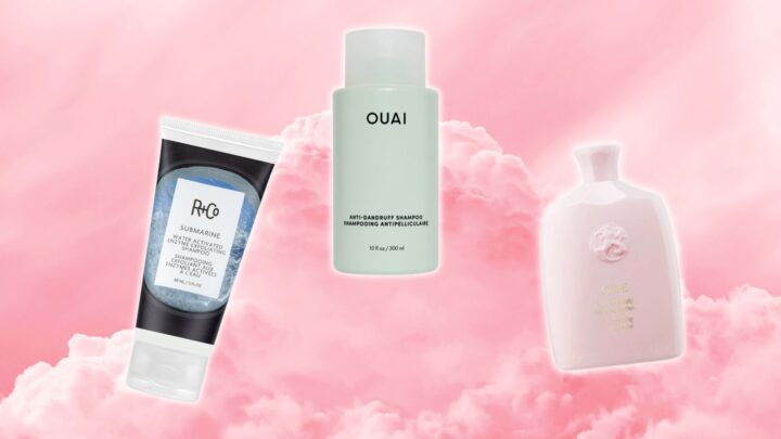 Picks from our best dandruff shampoos list including Oribe Serene Scalp, Ouai Anti Dandruff Shampoo and R+Co Submarine Water Activated Enzyme Exfoliating Shampoo super imposed over pink clouds.