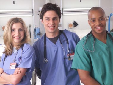 393352 06: (L to R) Actors Sarah Chalke, Zach Braff, and Donald Faison poses for a publicity photo for the television show "Scrubs." (Photo Courtesy of NBC/Getty Images)